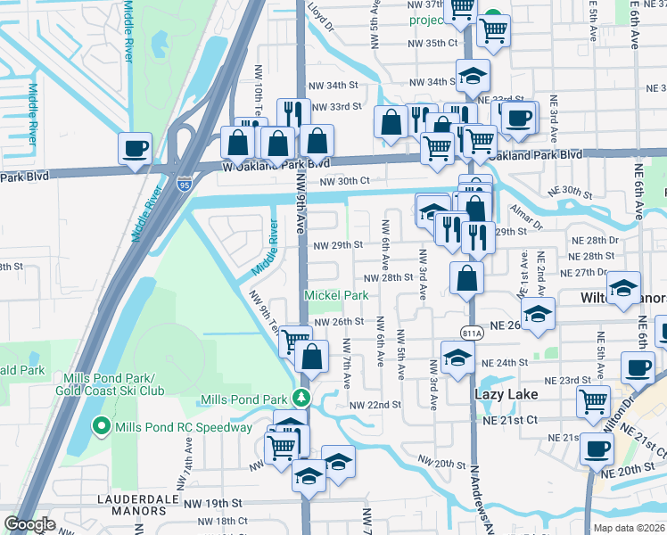 map of restaurants, bars, coffee shops, grocery stores, and more near 2816 Northwest 8th Avenue in Wilton Manors