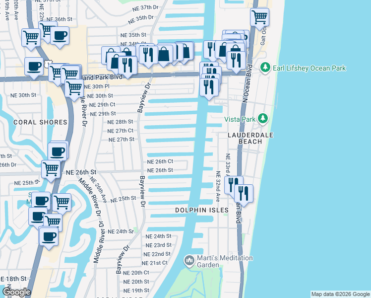 map of restaurants, bars, coffee shops, grocery stores, and more near 2890 Northeast 26th Place in Fort Lauderdale
