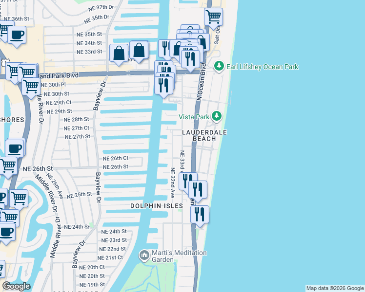 map of restaurants, bars, coffee shops, grocery stores, and more near Northeast 33rd Avenue in Fort Lauderdale