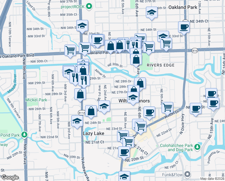 map of restaurants, bars, coffee shops, grocery stores, and more near 301 Northeast 27th Drive in Wilton Manors