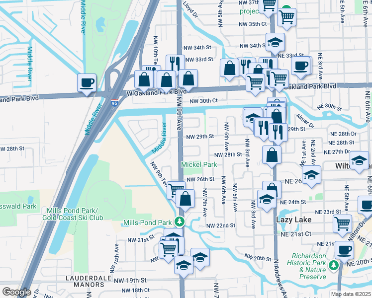 map of restaurants, bars, coffee shops, grocery stores, and more near 818 Northwest 28th Court in Wilton Manors