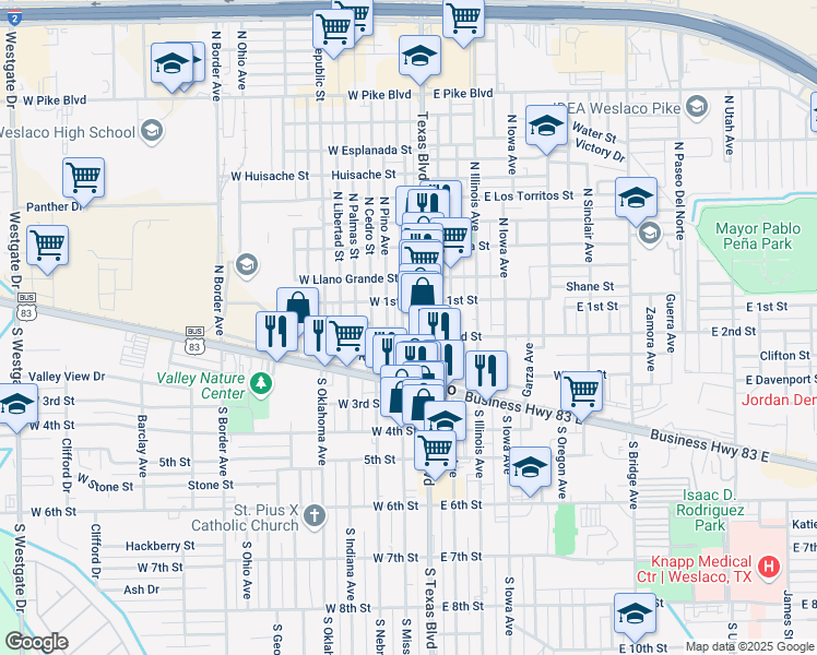 map of restaurants, bars, coffee shops, grocery stores, and more near 200 South Pino Street in Weslaco