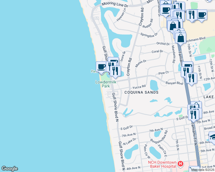 map of restaurants, bars, coffee shops, grocery stores, and more near 1285 Gulf Shore Boulevard North in Naples