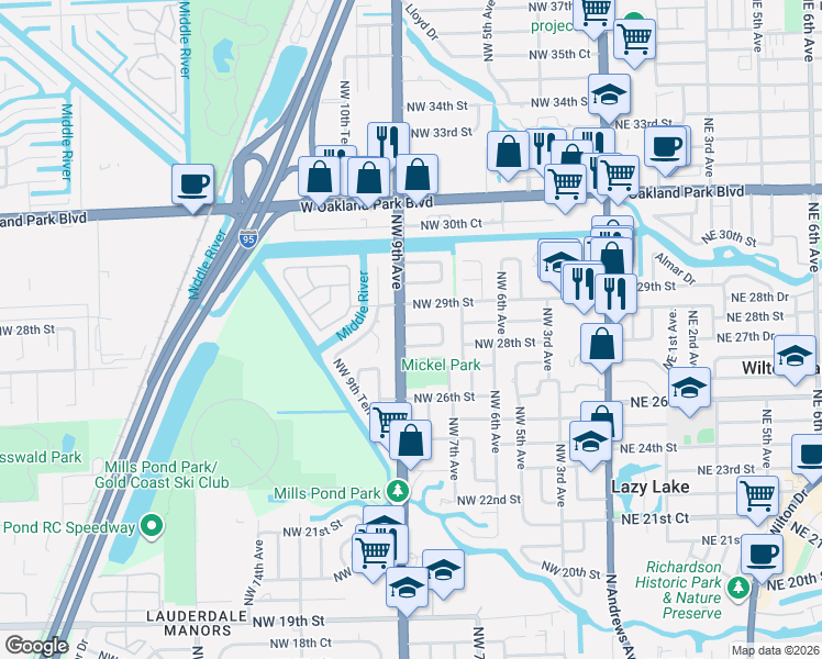 map of restaurants, bars, coffee shops, grocery stores, and more near 818 Northwest 28th Court in Wilton Manors