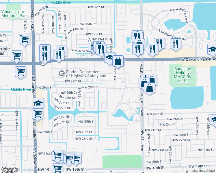 map of restaurants, bars, coffee shops, grocery stores, and more near 2841 Somerset Drive in Lauderdale Lakes