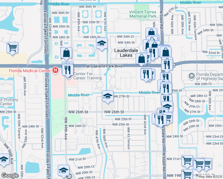 map of restaurants, bars, coffee shops, grocery stores, and more near 4521 Northwest 27th Street in Lauderhill