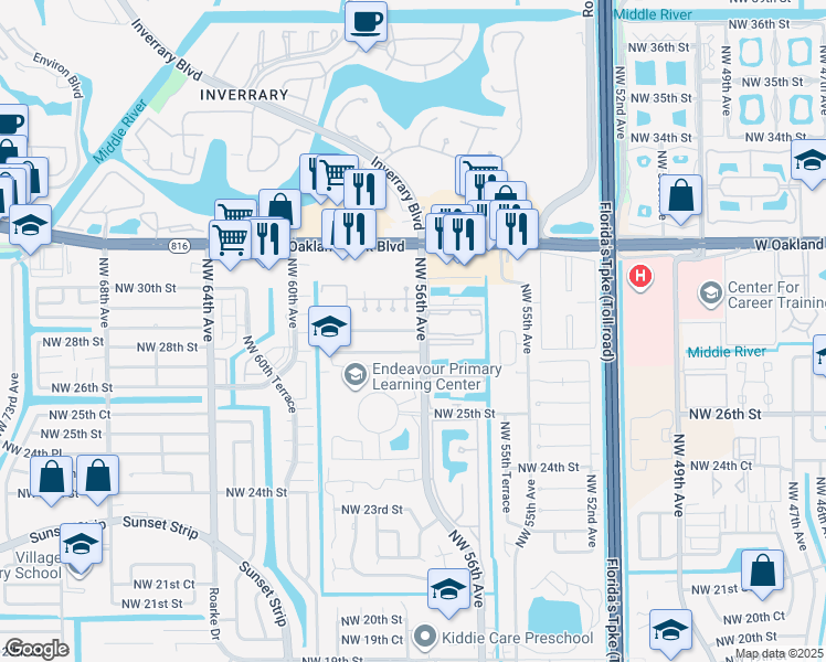map of restaurants, bars, coffee shops, grocery stores, and more near 5604 Northwest 28th Street in Lauderhill