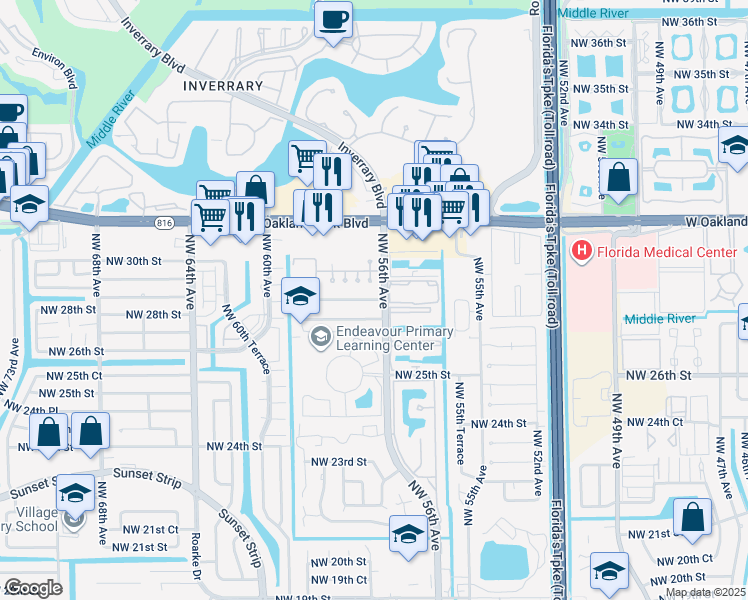 map of restaurants, bars, coffee shops, grocery stores, and more near 5604 Northwest 28th Street in Lauderhill