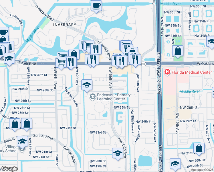 map of restaurants, bars, coffee shops, grocery stores, and more near 5604 Northwest 28th Street in Lauderhill