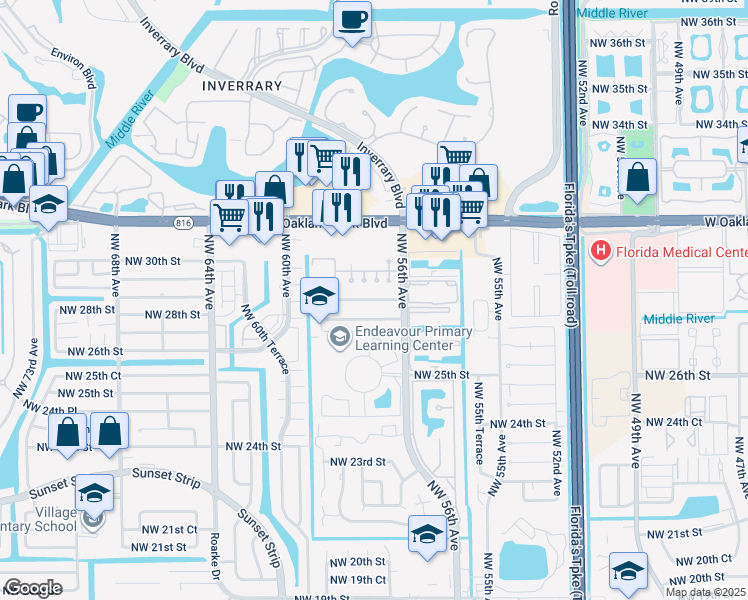 map of restaurants, bars, coffee shops, grocery stores, and more near 5730 Northwest 28th Street in Lauderhill