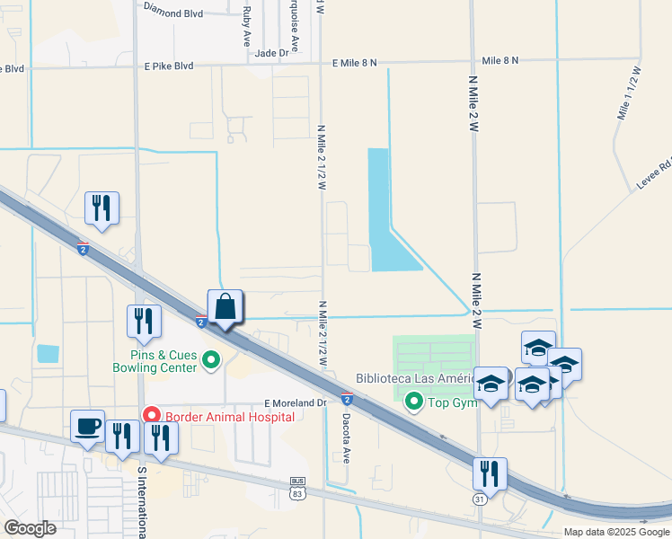map of restaurants, bars, coffee shops, grocery stores, and more near 100 La Herencia Drive in Mercedes