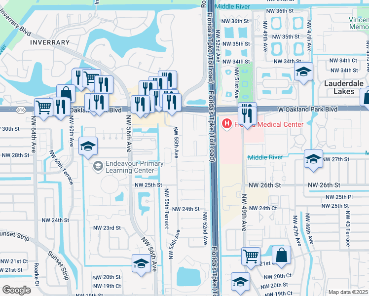 map of restaurants, bars, coffee shops, grocery stores, and more near 2814 Northwest 55th Avenue in Lauderhill