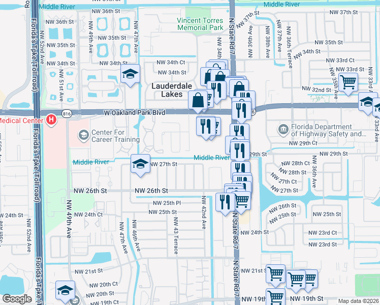 map of restaurants, bars, coffee shops, grocery stores, and more near 4350 Northwest 43 Terrace in Lauderdale Lakes