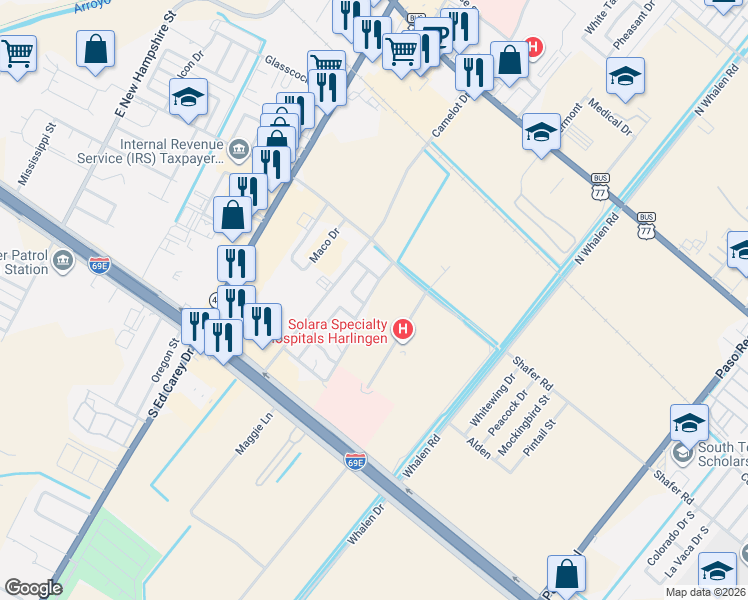 map of restaurants, bars, coffee shops, grocery stores, and more near Lancelot in Harlingen