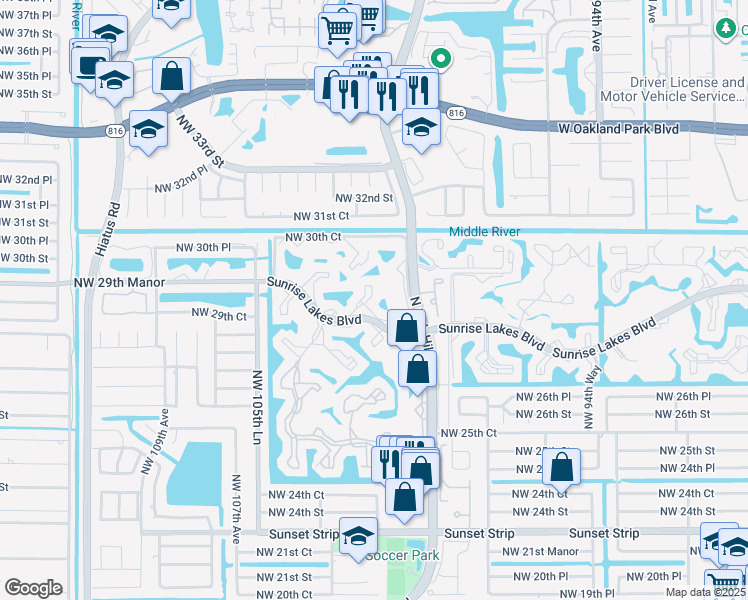 map of restaurants, bars, coffee shops, grocery stores, and more near 10123 Sunrise Lakes Boulevard in Sunrise
