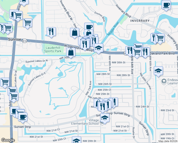 map of restaurants, bars, coffee shops, grocery stores, and more near 2835 Northwest 73rd Avenue in Sunrise
