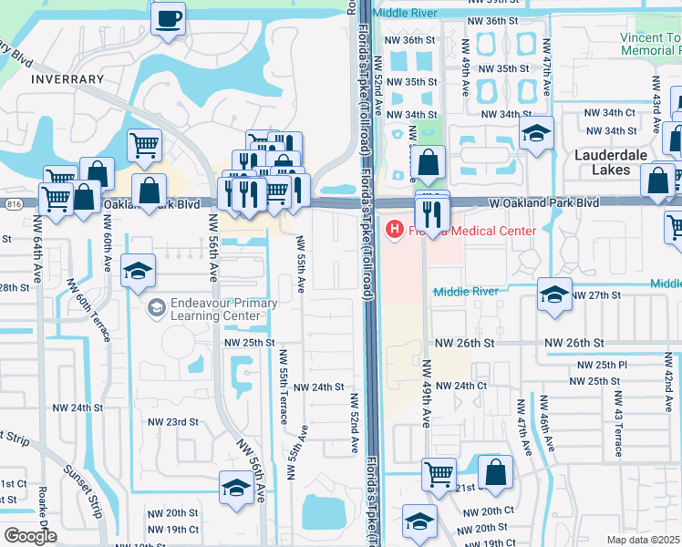 map of restaurants, bars, coffee shops, grocery stores, and more near 2830 Northwest 55th Avenue in Lauderhill