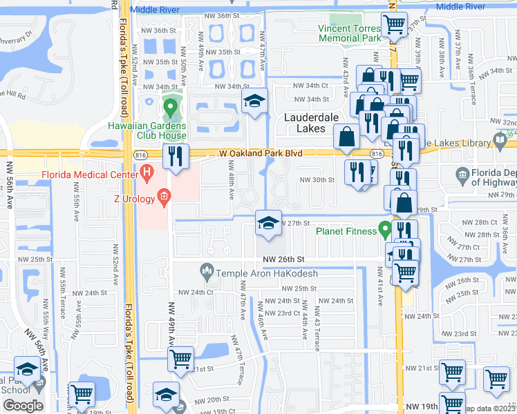 map of restaurants, bars, coffee shops, grocery stores, and more near 2800 Northwest 47th Terrace in Lauderdale Lakes
