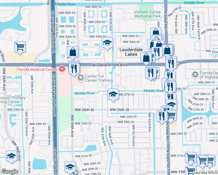 map of restaurants, bars, coffee shops, grocery stores, and more near 4521 Northwest 27th Street in Lauderhill