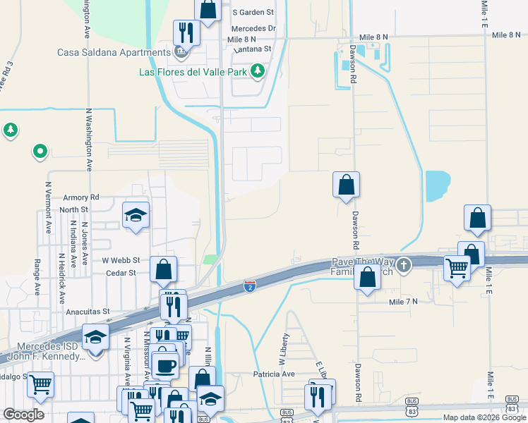 map of restaurants, bars, coffee shops, grocery stores, and more near 700 North Baseline Road in Mercedes