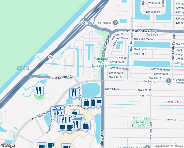 map of restaurants, bars, coffee shops, grocery stores, and more near 2900 Northwest 125th Avenue in Sunrise