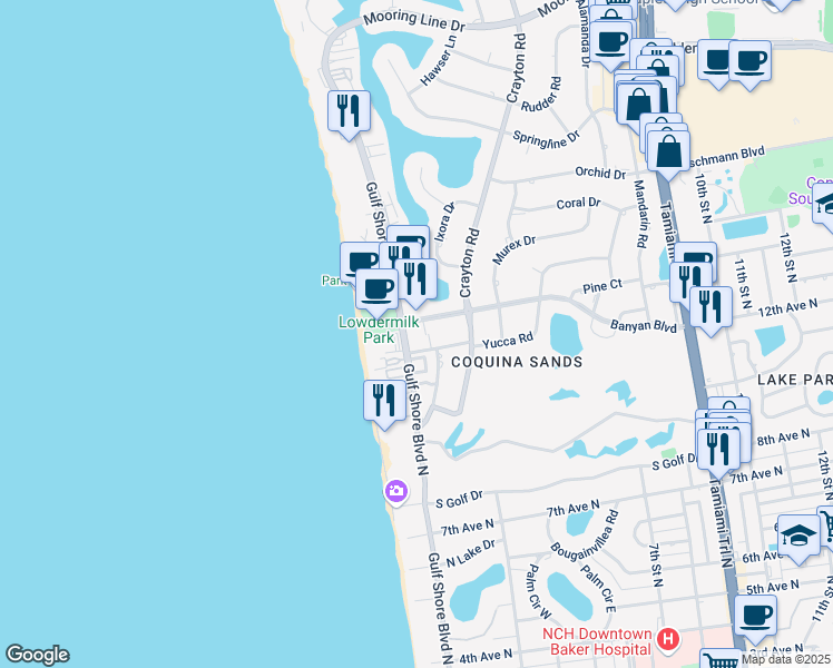 map of restaurants, bars, coffee shops, grocery stores, and more near 1300 Gulf Shore Boulevard North in Naples