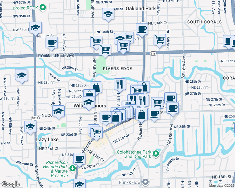 map of restaurants, bars, coffee shops, grocery stores, and more near 2702 1/2 Northeast 9th Avenue in Wilton Manors