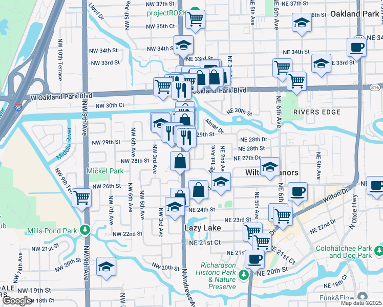 map of restaurants, bars, coffee shops, grocery stores, and more near 37 Northeast 27th Drive in Wilton Manors