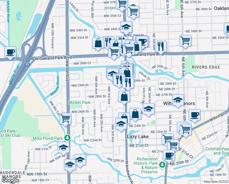 map of restaurants, bars, coffee shops, grocery stores, and more near 200 Northwest 29th Street in Wilton Manors