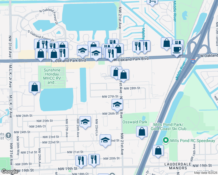 map of restaurants, bars, coffee shops, grocery stores, and more near 2141 Northwest 28th Street in Oakland Park