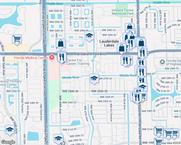 map of restaurants, bars, coffee shops, grocery stores, and more near 4521 Northwest 27th Street in Lauderhill