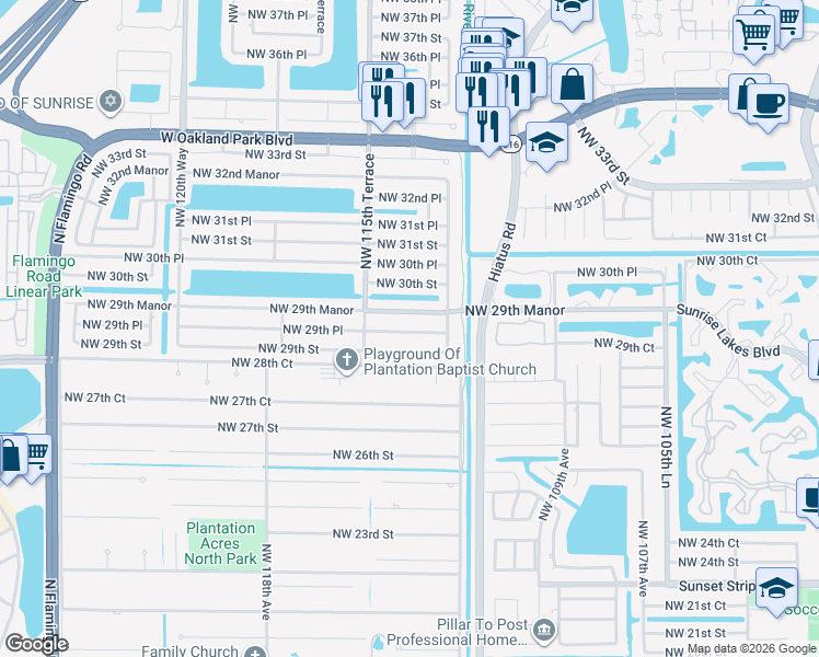 map of restaurants, bars, coffee shops, grocery stores, and more near 11430 Northwest 29th Place in Sunrise