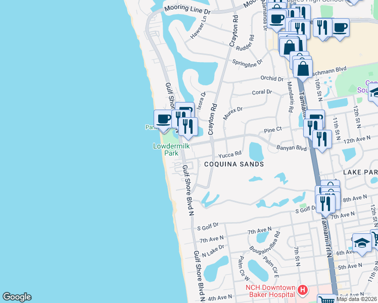 map of restaurants, bars, coffee shops, grocery stores, and more near 1300 Gulf Shore Boulevard North in Naples