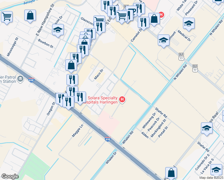 map of restaurants, bars, coffee shops, grocery stores, and more near Lancelot in Harlingen