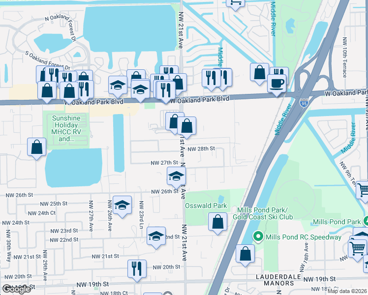 map of restaurants, bars, coffee shops, grocery stores, and more near 2800 Northwest 21st Avenue in Oakland Park