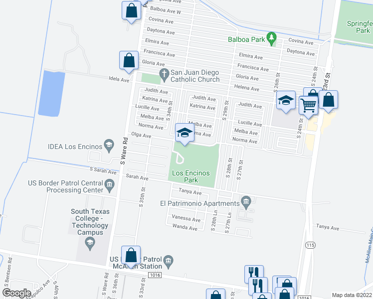 map of restaurants, bars, coffee shops, grocery stores, and more near 3221 Olga Avenue in McAllen