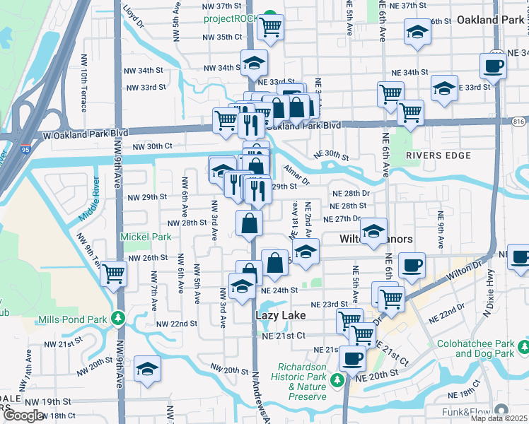 map of restaurants, bars, coffee shops, grocery stores, and more near 37 Northeast 27th Drive in Wilton Manors