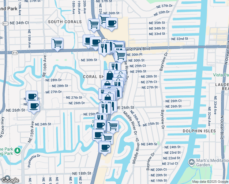 map of restaurants, bars, coffee shops, grocery stores, and more near 2731 N Federal Hwy in Fort Lauderdale