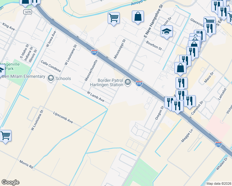 map of restaurants, bars, coffee shops, grocery stores, and more near 401 West New Hampshire Street in Harlingen