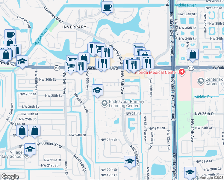 map of restaurants, bars, coffee shops, grocery stores, and more near 5730 Northwest 28th Street in Lauderhill