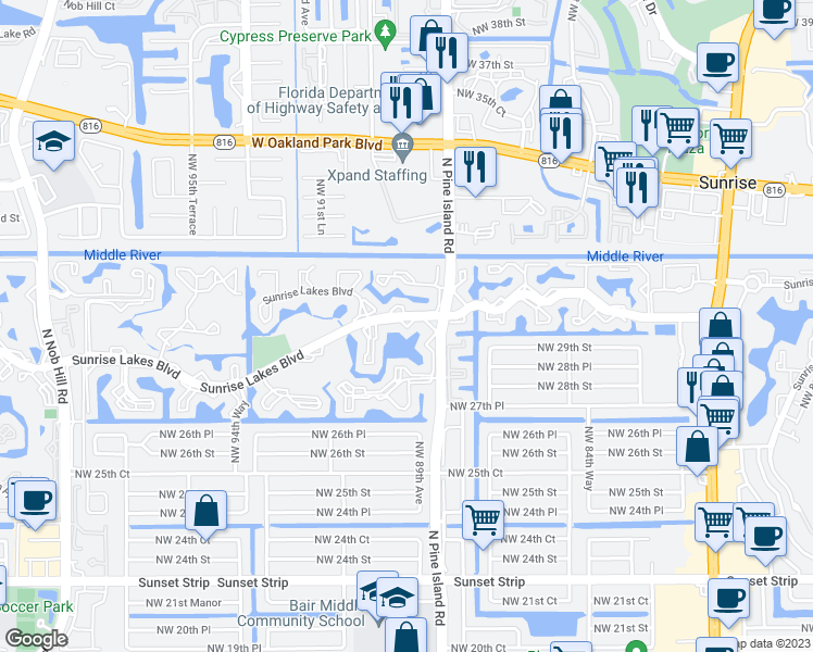 map of restaurants, bars, coffee shops, grocery stores, and more near 8880 Sunrise Lakes Boulevard in Sunrise
