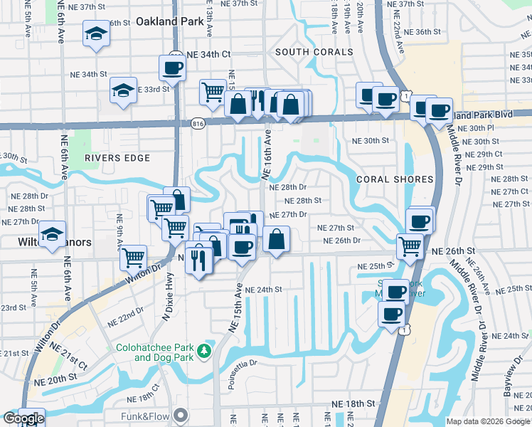 map of restaurants, bars, coffee shops, grocery stores, and more near 1620 Northeast 27th Drive in Wilton Manors