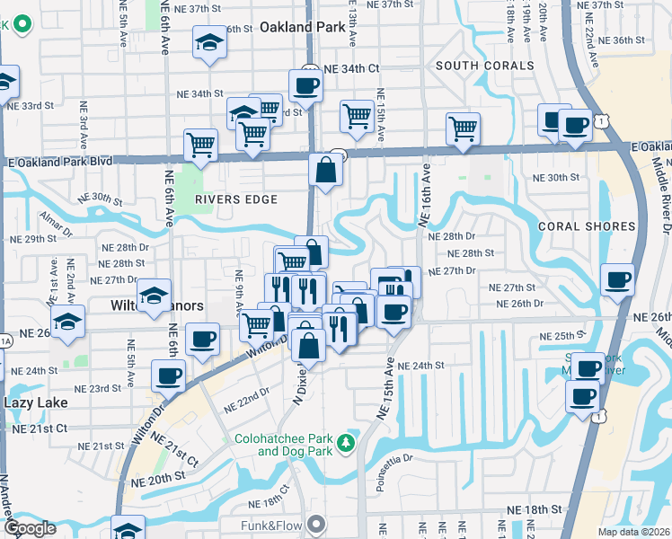 map of restaurants, bars, coffee shops, grocery stores, and more near 2725 Northeast 14th Avenue in Oakland Park