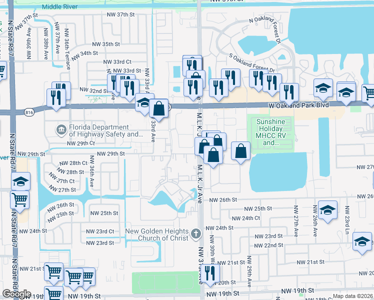 map of restaurants, bars, coffee shops, grocery stores, and more near 3200 Northwest 31st Terrace in Lauderdale Lakes