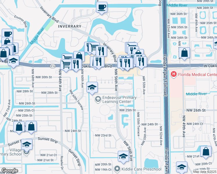 map of restaurants, bars, coffee shops, grocery stores, and more near 5604 Northwest 28th Street in Lauderhill