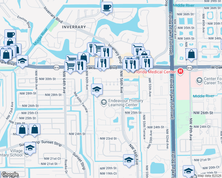 map of restaurants, bars, coffee shops, grocery stores, and more near 5730 Northwest 28th Street in Lauderhill