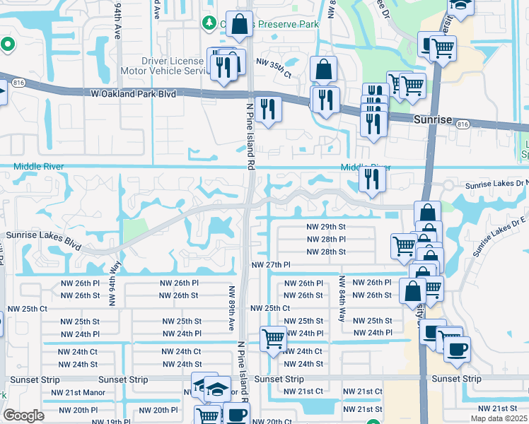 map of restaurants, bars, coffee shops, grocery stores, and more near 2900 North Pine Island Road in Sunrise
