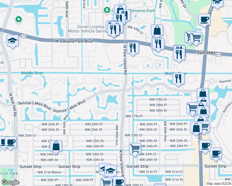 map of restaurants, bars, coffee shops, grocery stores, and more near 8880 Sunrise Lakes Boulevard in Sunrise