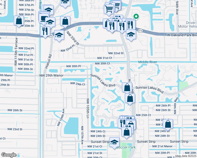 map of restaurants, bars, coffee shops, grocery stores, and more near 10434 Sunrise Lakes Boulevard in Sunrise