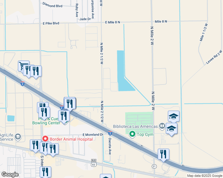 map of restaurants, bars, coffee shops, grocery stores, and more near 100 La Herencia Drive in Mercedes